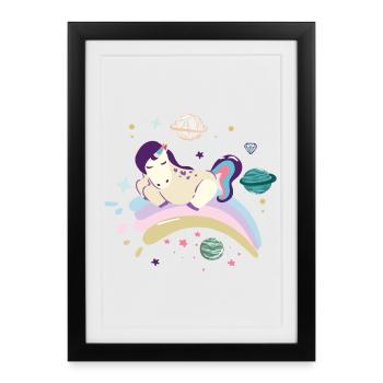 Licorne de rêve cosmique sur arc-en-ciel - Affiche encadrée (27 × 37 cm) - noir - Devant