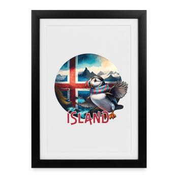 Islande - Île - Macareux moine - Affiche encadrée (27 × 37 cm) - noir - Devant