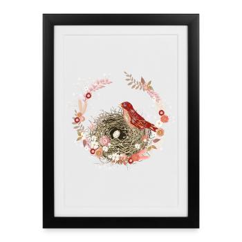 Dried Flower Wreath with Bird's Nest and Bird Motif - Framed poster (27 × 37 cm) - black - Front