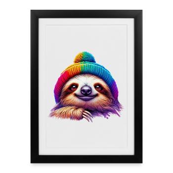 Paresseux avec bonnet de laine - Affiche encadrée (27 × 37 cm) - noir - Devant