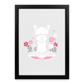 Alpaga avec livre et fleurs lisant des livres - Affiche encadrée (27 × 37 cm) - noir - Devant