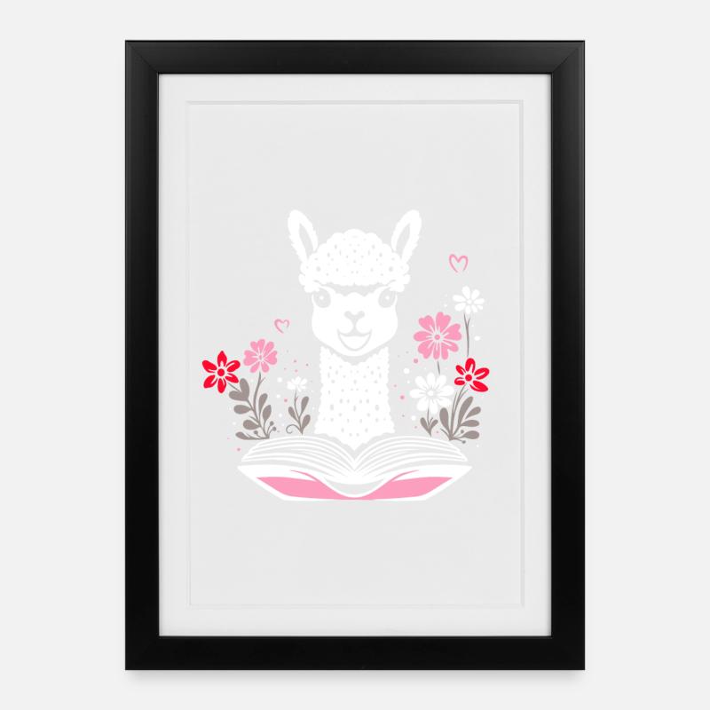 Alpaka mit Buch und Blumen Bücher lesen - Gerahmtes Poster (27 × 37 cm) - Schwarz