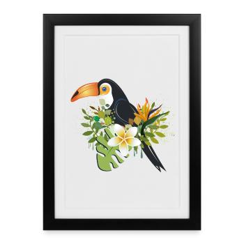 Toucan avec des fleurs tropicales - Design d’oiseau exotique - Affiche encadrée (27 × 37 cm) - noir - Devant