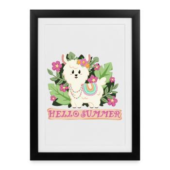 Bonjour lama d’été alpaga d’ambiance estivale - Affiche encadrée (27 × 37 cm) - noir - Devant