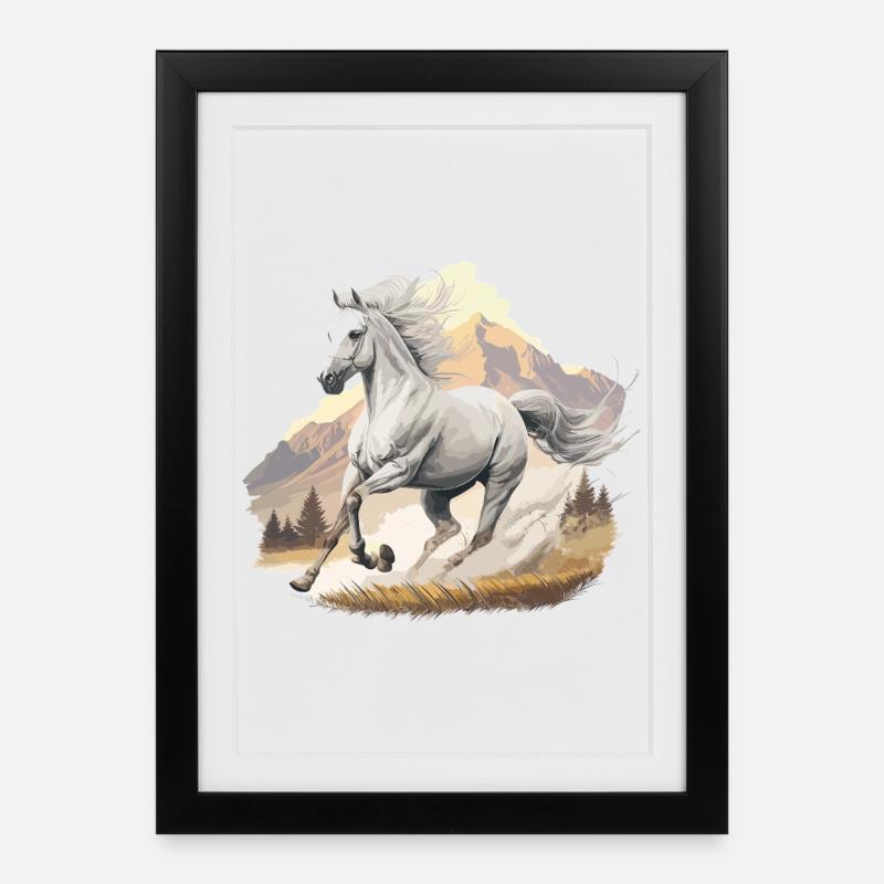 Hoch springendes Pferd in Berglandschaft - Gerahmtes Poster (27 × 37 cm) - Schwarz