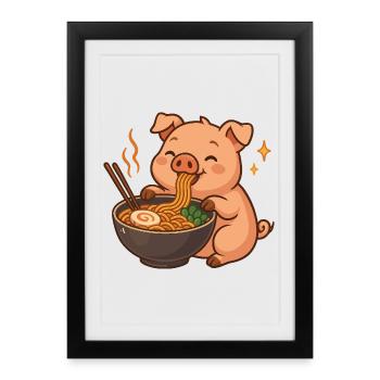 Cochon aux nouilles, ramen, cochon kawaii - Affiche encadrée (27 × 37 cm) - noir - Devant