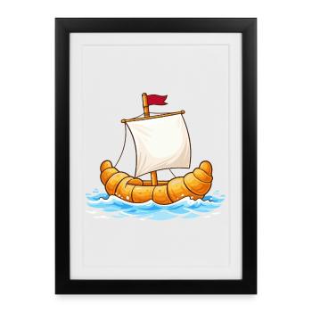 Dessin animé drôle de croissant sur le bateau sur la mer - Affiche encadrée (27 × 37 cm) - noir - Devant