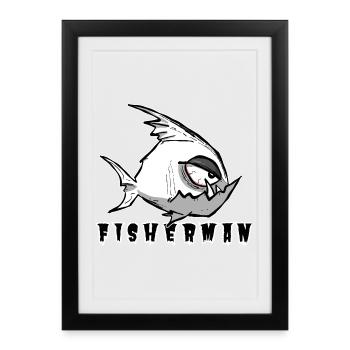 Funny Fisherman Motif in Cartoon Style, Fisherman - Framed poster (27 × 37 cm) - black - Front