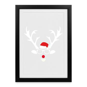 Reindeer with glasses and Santa hat - Framed poster (27 × 37 cm) - black - Front