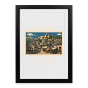 Albanien Gjirokastër Vintage Reisemarke - Gerahmtes Poster (27 × 37 cm) - Schwarz - Vorne