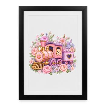 Cuddly Pink Locomotive with Flowers - Framed poster (27 × 37 cm) - black - Front