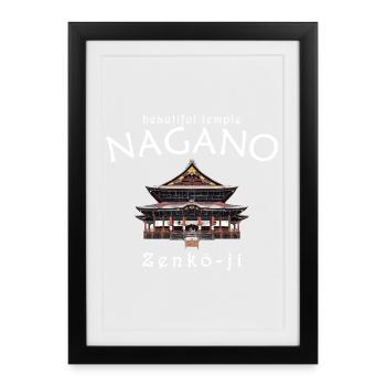 Nagano, Japon, Temple Zenko-ji, dessin à la main - Affiche encadrée (27 × 37 cm) - noir - Devant