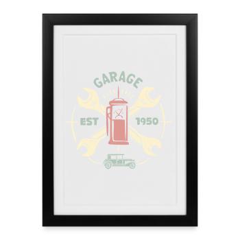 Station-service rétro et voiture ancienne – Vintage 1950 Classic - Affiche encadrée (27 × 37 cm) - noir - Devant