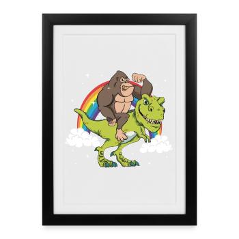 Tyrannosaure T-Rex Dinosaure Singe Gorille Arc-en-ciel - Affiche encadrée (27 × 37 cm) - noir - Devant