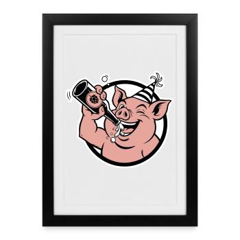 Piggy with Celebration Bottle - Framed poster (27 × 37 cm) - black - Front
