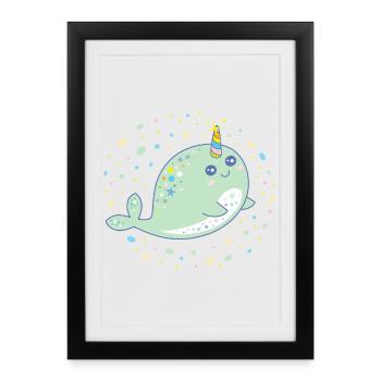 Couleurs pastel mignonnes de narval licorne Kawaii - Affiche encadrée (27 × 37 cm) - noir - Devant