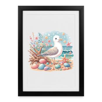 Seagull Beach Coquillages Côte Maritime - Affiche encadrée (27 × 37 cm) - noir - Devant
