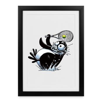 Drôle de pingouin jouant au tennis avec une raquette - Affiche encadrée (27 × 37 cm) - noir - Devant