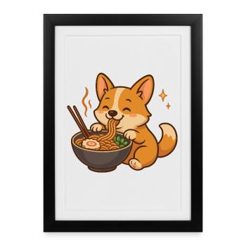 Corgi aux nouilles, Ramen kawaii Corgi - Affiche encadrée (27 × 37 cm) - noir - Devant