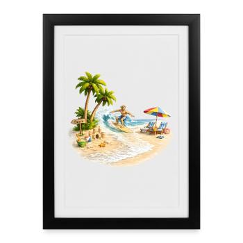Surfeur sur la plage avec des palmiers et des vagues - Affiche encadrée (27 × 37 cm) - noir - Devant