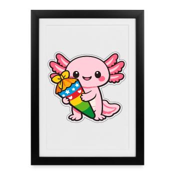 Dragon de Kawaii avec un axolotl de feux d’artifice - Affiche encadrée (27 × 37 cm) - noir - Devant