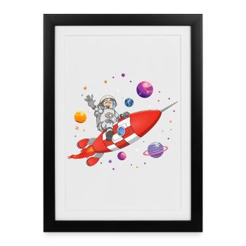 L’astronaute et la fusée rouge dans l’espace. - Affiche encadrée (27 × 37 cm) - noir - Devant