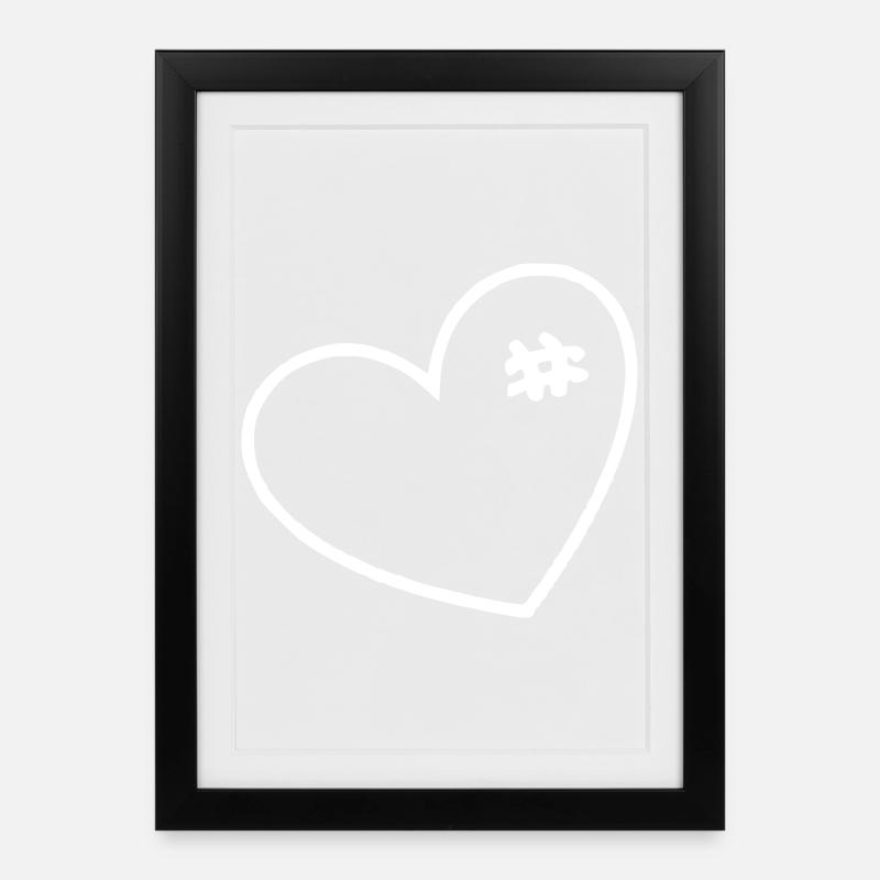 Coeur blanc avec points de suture - Affiche encadrée (27 × 37 cm) - noir