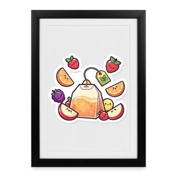 Thé Fruity Lunchbag ,Autocollant de dessin animé de thé - Affiche encadrée (27 × 37 cm) - noir - Devant