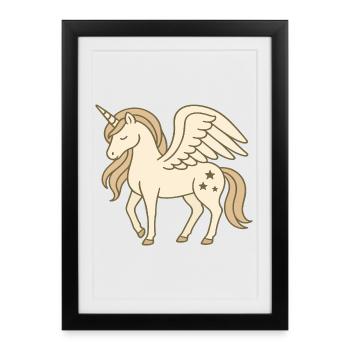 Cute Winged Unicorn with Stars and Pastel Mane - Framed poster (27 × 37 cm) - black - Front