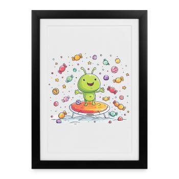 Petit extraterrestre vert sur un trampoline - Affiche encadrée (27 × 37 cm) - noir - Devant