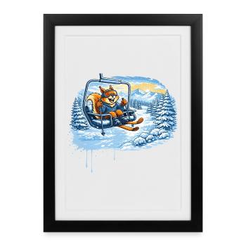 Écureuil drôle dans le téléski – motif des plaisirs hivernaux - Affiche encadrée (27 × 37 cm) - noir - Devant