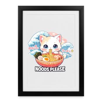 Kawaii Neko Ramen Chat Nouilles Anime - Affiche encadrée (27 × 37 cm) - noir - Devant