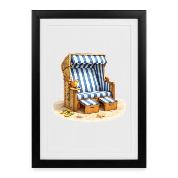 Chaise longue de plage dans le sable avec une boisson d’été - Affiche encadrée (27 × 37 cm) - noir - Devant