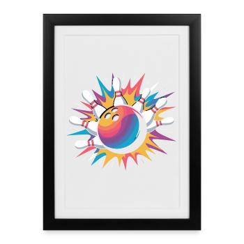 Frappe de boule de bowling avec explosion colorée et quilles - Affiche encadrée (27 × 37 cm) - noir - Devant