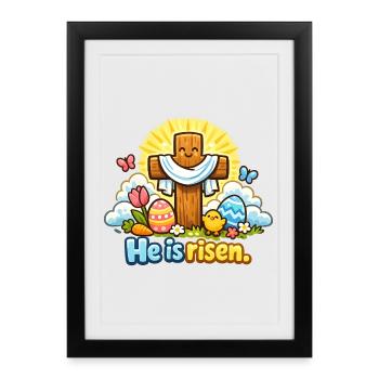 Crucifix de Kawaii Il est ressuscité Jésus de Pâques - Affiche encadrée (27 × 37 cm) - noir - Devant