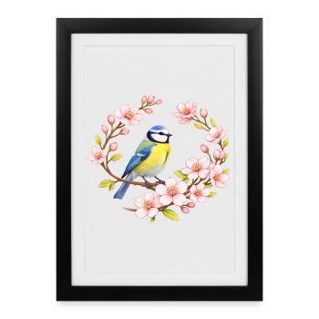 Bleu avec motif printanier en fleurs de cerisier - Affiche encadrée (27 × 37 cm) - noir - Devant