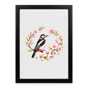 Grand pic tacheté avec motif printanier de cerisiers - Affiche encadrée (27 × 37 cm) - noir - Devant