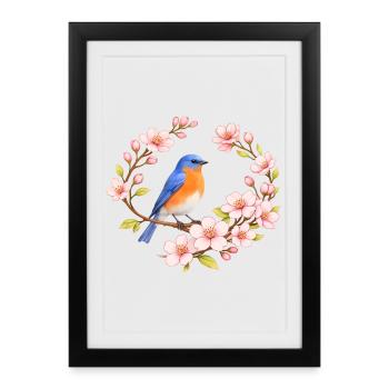 Merlebleu avec motif printanier en fleurs de cerisier - Affiche encadrée (27 × 37 cm) - noir - Devant