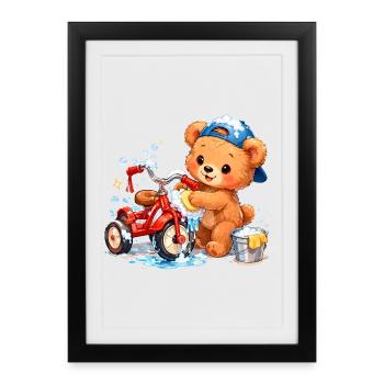 Nettoyage de tissues pour enfants Ours Tricycle Nettoyage de printemps - Affiche encadrée (27 × 37 cm) - noir - Devant