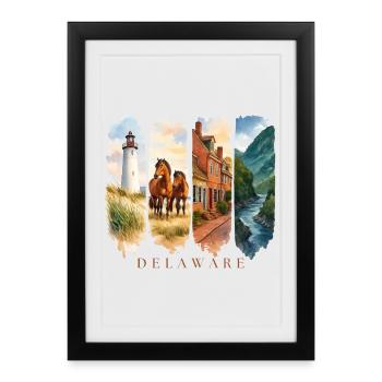 Voyage de vacances dans le Delaware – Motif côtier et phare - Affiche encadrée (27 × 37 cm) - noir - Devant