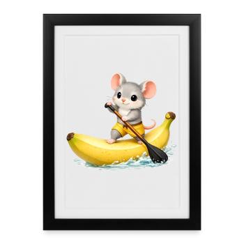 Cute Mouse on Banana SUP Kawaii Motif - Framed poster (27 × 37 cm) - black - Front