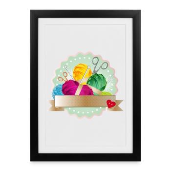 Boules de laine, boutons et aiguilles à tricoter comme un patch coloré - Affiche encadrée (27 × 37 cm) - noir - Devant