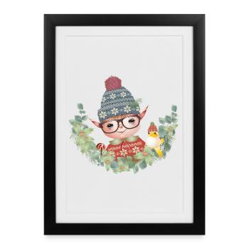 Adorable lutin de Noël mignon avec oiseau - Affiche encadrée (27 × 37 cm) - noir - Devant