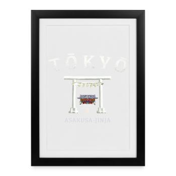 Tokyo, Japon, Torii Asakusa-jinja dessin à la main - Affiche encadrée (27 × 37 cm) - noir - Devant