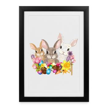 Jolie famille de lapins de Pâques avec des œufs de Pâques colorés - Affiche encadrée (27 × 37 cm) - noir - Devant