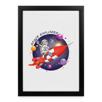 L’astronaute et la fusée rouge dans l’espace - Affiche encadrée (27 × 37 cm) - noir - Devant