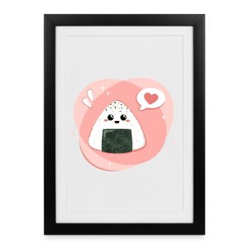Onigiri kawaii en rose, rose avec cœur - Affiche encadrée (27 × 37 cm) - noir - Devant