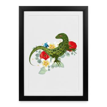 Green lizard on flowers botanical motif - Framed poster (27 × 37 cm) - black - Front