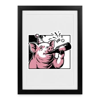 Piggy with Party and Celebration Bottle - Framed poster (27 × 37 cm) - black - Front