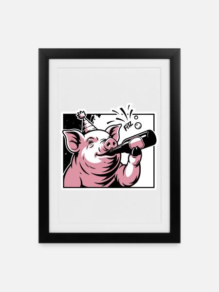 Schweinchen mit Party- und Feierflasche - Gerahmtes Poster (27 × 37 cm) - Schwarz